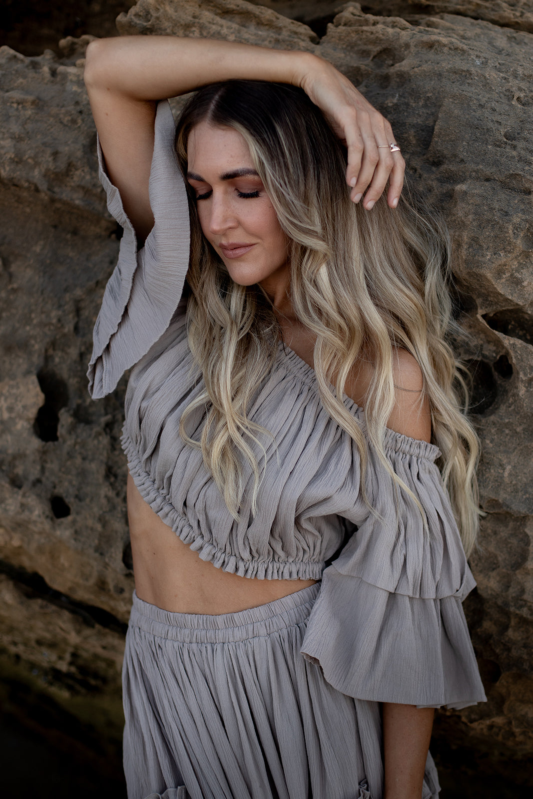 Lennie oatmeal set styled with knit for effortless everyday outfit