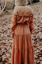 Co & Ry Bohemian Off The Shoulder Cotton Goldie Dress in Rust back view