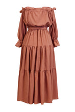 Co & Ry Bohemian Off The Shoulder Cotton Goldie Dress in Rust Back Silhouette