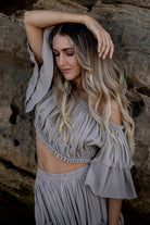 Lennie oatmeal set styled with knit for effortless everyday outfit